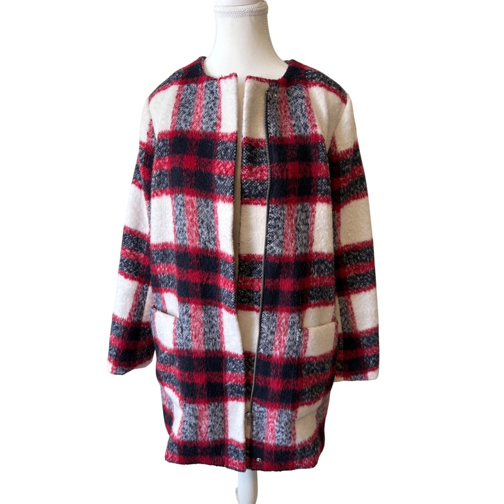 Abercrombie & Fitch Wool Blend Plaid Coat Jacket Red Black White Womens M Winter - Picture 7 of 11